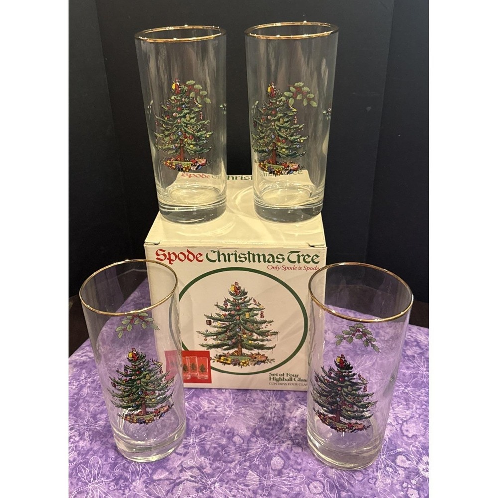 Spode Christmas Tree Set of 4 Highball Glasses Original Box 15 Oz Gold Rim VTG